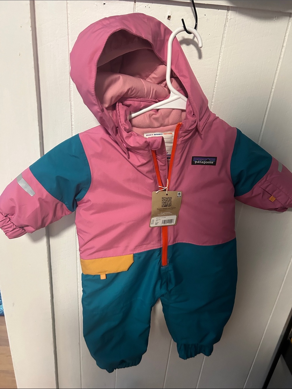 Patagonia Pink Teal Colorblock Infant Snowsuit with Yellow Accent